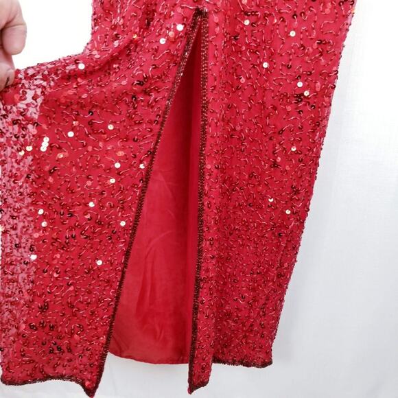 Laurence Kazar New York Red 100% Silk Sequins Hand Sewn Gown Dress Size PS - Picture 6 of 7